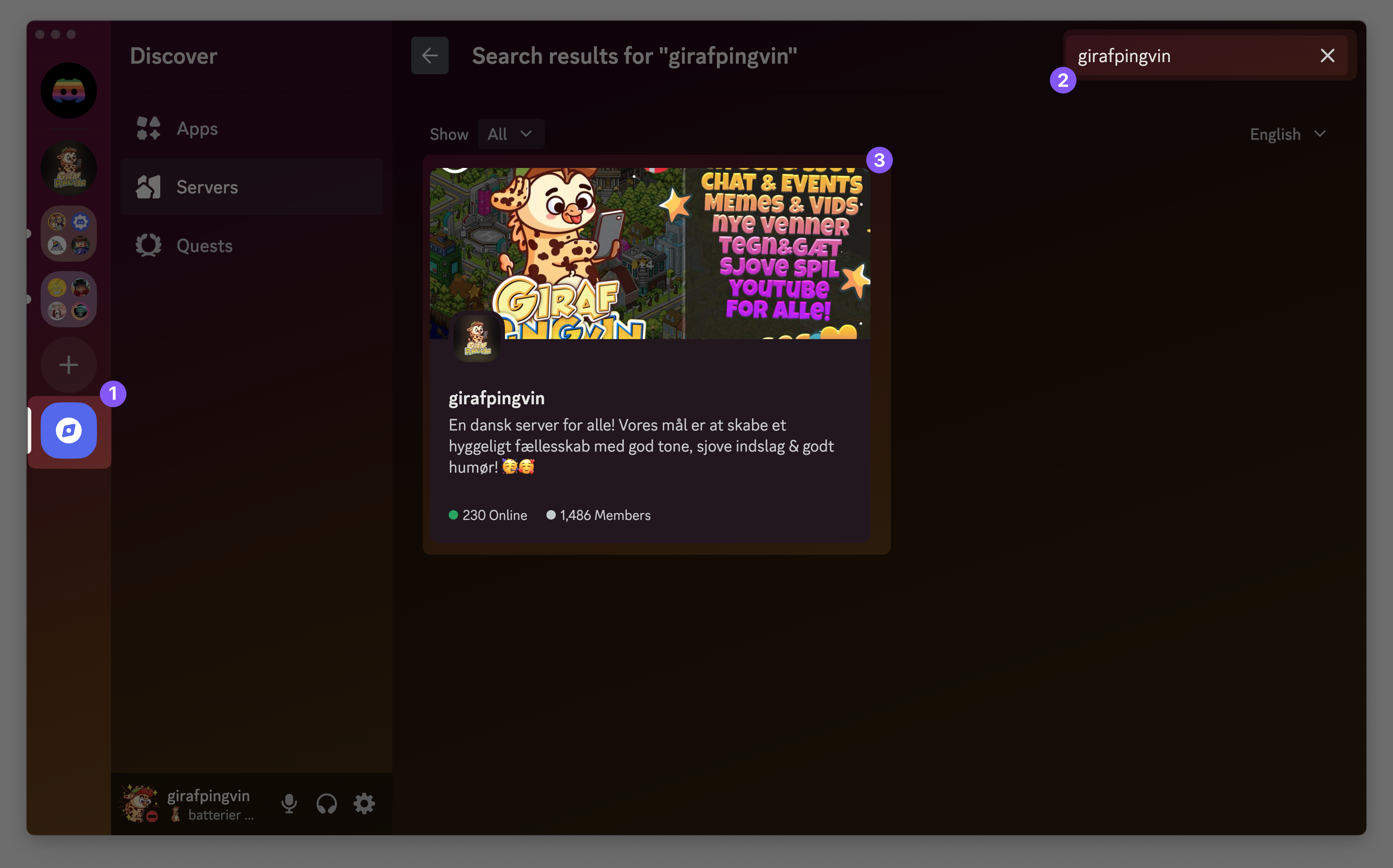 Discovery på Discord, find os ved at søge efter girafpingvin